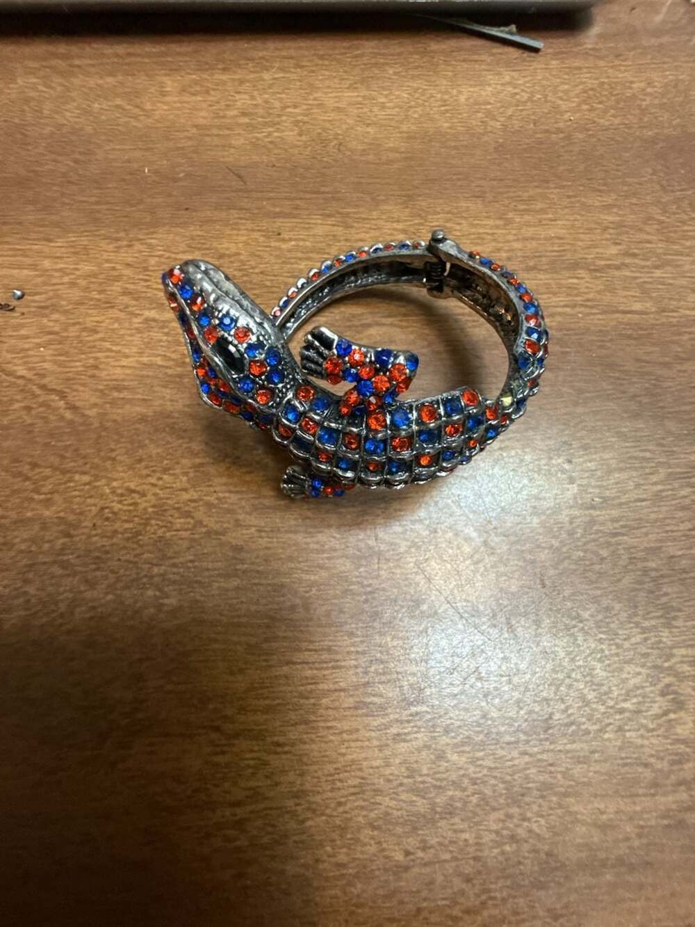 Silver-Tone orange and Blue Rhinestone Alligator Wrap Hinge Bracelet.